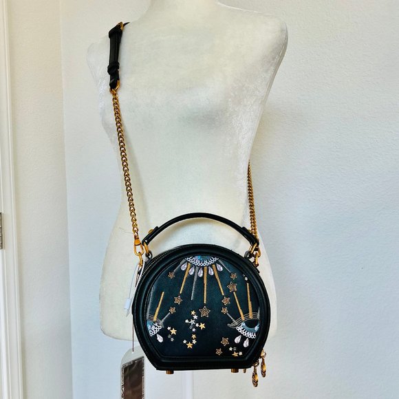 NWT Smile Focus Celestial Eye Embroidered Black Leather Crossbody Luxury Handbag - Picture 3 of 16